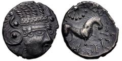 British CELTIC, Iceni. Uninscribed. Circa 50-40 BC. AR Unit (13mm, 1.42 g, 7h). Norfolk Diadem type. Uncertain mint in the upper Yare valey. Diademed head right; [stars to right] / Horse prancing righ