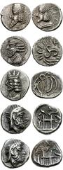 ORIENTAL GREEK. Persis. AR Fractions. Includes: Uncertain king. AR Hemidrachm. Alram 552 // Same. AR Obol. Alram 553 // Pakur (Pakor) II. AR Hemidrachm. Alram 597 // Uncertain king II. AR Hemidrachm. 
