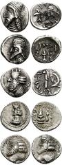 ORIENTAL GREEK. Persis. AR Fractions. Includes: Darios (Darev) II. AR Obol. Alram 567 // Artaxerxes (Ardaxshir) II. AR Drachm. Alram 577 // Pakur (Pakor) II. AR Hemidrachm. Alram 597 // Namopat (Nambe