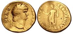 Roman Imperial Nero. AD 54-68. AV Aureus (18mm, 7.05 g, 5h). Rome mint. Struck circa AD 64-65. Laureate head right / Nero, radiate and togate, standing facing, holding branch and Victory on globe. RIC