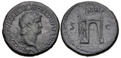 Roman Imperial Nero. AD 54-68. Æ Sestertius (35.5mm, 26.09 g, 1h). Uncertain Balkan mint, possibly Perinthus in Thrace. Struck circa AD 64. Laureate head right / Triumphal arch with wreath hung betwee
