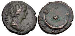 Roman Imperial Diva Faustina Junior. Died AD 175/6. Æ As (25mm, 11.20 g, 6h). Rome mint. Struck under Marcus Aurelius and Commodus, AD 176 and later. Draped bust right / Crescent and seven stars. RIC 