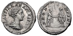 Roman Imperial Plautilla. Augusta, AD 202-205. AR Denarius (18.5mm, 1.79 g, 12h). Rome mint. Struck under Septimius Severus and Caracalla, AD 202. Draped bust right / PROPAGO IMPERI, Caracalla standin