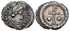 Byzantine Justin II. 565-578. AR Third Siliqua (13mm, 0.63 g, 6h). Ravenna mint. D N IVSTI NVS PP AV, diademed and draped bust right / Staurogram flanked by stars; all within wreath. DOC 215; MIBE 41;