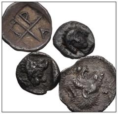 Large Lots GREEK. Miscellaneous. Lot of four (4) silver fractions. Includes: MACEDON, Tragilos. AR Hemiobol // MYSIA. Kyzikos. AR Hemiobol // IONIA, Kolophon. AR Tetartemorion // DYNASTS of LYCIA. Kup