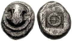 BOEOTIA, Federal Coinage. Circa 475-450 BC. AR Obol (7mm, 0.96 g). Boiotian shield / Wheel of four spokes within incuse square. BCD Boiotia 1; SNG Copenhagen 254 (Thebes). VF, toned, a little porous. 