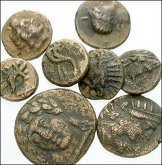 GREEK. Miscellaneous. Æ of Ionia to Caria. Includes: IONIA, Miletos. Head of Apollo facing slightly left / Lion advancing right, head left. SNG Copenhagen 992 // CARIA, Kaunos. Head right / Cornucopia