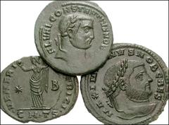 ROMAN. Imperial. Æ of 4th century AD. Includes: all Folles. Constantius, as Caesar. Genius (uncertain mintmark) // Galerius, as Caesar. Siscia mint. Moneta // Galeria Valeria. Thessalonica mint. Venus