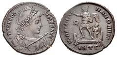 The Richard A. Jourdan Collection – Roman Imperial Theodosius I. AD 379-395. Æ (23mm, 4.94 g, 6h). Antioch mint, 3rd officina. Struck AD 379-383. D N THEODO SIVS P F AVG, pearl-diademed, helmeted, dra