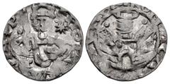 The Richard A. Jourdan Collection – World GERMANY, Aachen (Reichsmünzstätte). Friedrich I Barbarossa. 1152-1190. AR Pfennig (16mm, 1.31 g, 11h). FRЄDЄRI IMPR, Friedrich enthroned facing, holding sword