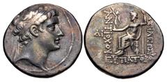 Greek SELEUKID EMPIRE. Antiochos V Eupator. 164-162 BC. AR Tetradrachm (28mm, 16.69 g, 12h). Antioch on the Orontes mint. Diademed head right / Zeus Nikephoros seated left; ΔI to outer left. SC 1575.9