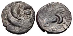 Celtic GAUL, Northwest. Coriosolites. Circa 100-50 BC. BI Stater (20.5mm, 6.37 g, 9h). Celtic head right, hair in large spiral curls, S-like ear / Celticized rider on horseback right; square ornament 