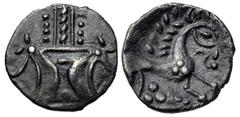 British CELTIC, Iceni. Anted. Circa AD 10-30(?). AR Unit (14mm, 0.91 g, 9h). Antd D-Bar (Icenian G) type. Two outline crescents back-to-back, two pellets between, on a central band set on vertical wre