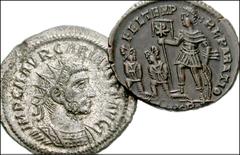 ROMAN. Imperial. Antoninianus and Æ of 3rd-4th centuries. Includes: Carinus. Antoninianus. Tripolis. Carinus standing right, receiving globe from Jupiter. RIC V 329 // Constantius II. Centenionalis. C