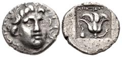 Greek ISLANDS off CARIA, Rhodos. Rhodes. Circa 170-150 BC. AR Hemidrachm (12mm, 1.34 g, 12h). 'Plinthophoric' coinage. Anaxidotos, magistrate. Radiate head of Helios facing slightly right / Rose with 