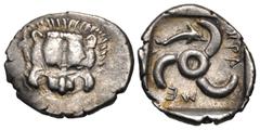Greek DYNASTS of LYCIA. Mithrapata. Circa 390-370 BC. AR Sixth Stater (14mm, 1.42 g). Phellos(?) mint. Facing lion scalp / Triskeles; dolphin in one section; all within incuse square. Müseler VII 76–7