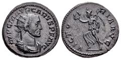 Roman Imperial Carus. AD 282-283. Antoninianus (2mm, 4.21 g, 12h). Lugdunum (Lyon) mint. 1st emission, AD 282. Radiate, draped, and cuirassed bust right / Victor advancing left, holding wreath and pal