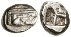 Greek LYCIA, Phaselis. Circa 530-500 BC. AR Stater (20mm, 10.94 g). Prow of galley right, terminating in a boar's forepart; [below, small dolphin right] / Incuse square with irregular lines. Heipp-Tam