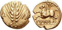 CELTIC, Britain. Trinovantes & Catuvellauni. Cunobelin. Circa AD 10-43. AV Stater (5.45 g, 2h). CA-MV across field, grain ear / CVNO, horse prancing left; branch above. Van Arsdell 2029-1; Hobbs 1834-