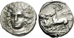 SICILY, Katane. Circa 405-403/2 BC. AR Tetradrachm (16.92 g, 3h). Obverse die signed by Herakleidas. Laureate head of Apollo facing slightly left; [HRAKLEIDAS to right] / [KATAN]AI[WN], Charioteer, ho