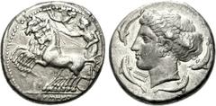 SICILY, Syracuse. Second Democracy. 466-405 BC. AR Tetradrachm (17.15 g, 9h). Dies signed by Eumenes and Eukleidas. Struck circa 415-405 BC. Charioteer driving fast quadriga left, holding kentron in r