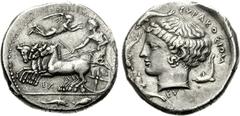 SICILY, Syracuse. Second Democracy. 466-405 BC. AR Tetradrachm (17.29 g, 1h). Dies signed by Eumenes and Eukleidas. Struck circa 415-405 BC. Charioteer driving fast quadriga left, holding kentron in r