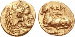 EUBOIA, Karystos. Revolt of Ptolemaios. Circa 313 BC. AV Drachm (3.14 g, 7h). Head of Herakles right, wearing lion skin / KARU, bull recumbent left; trident above, club below. Cf. Melville Jones pp. 2