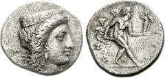 ARGOLIS, Argos. Circa 370-350 BC. AR Drachm (5.32 g, 9h). Head of Hera right, wearing stephane ornamented with palmettes and single-pendant earring; to left, S oriented upward / AR-GEI-WN, Diomedes, n