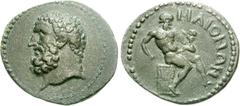 LYDIA, Maeonia. Pseudo-autonomous issue. 2nd-3rd centuries AD. Æ 17mm (5.89 g, 6h). Bare head of Hercules left / MAIONWN, Silenus seated right on wicker calathus, holding [cantharus in right hand] and