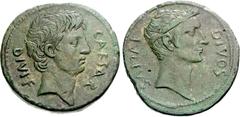 Octavian and Divus Julius Caesar. 38 BC. Æ Sestertius (or Dupondius?) (18.61 g, 4h). Southern Italian(?) mint. CAESAR DIVI • F, bare head of Octavian right, wearing slight beard / DIVOS IVLIVS, head o