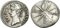 Augustus. 27 BC-AD 14. AR Denarius (3.79 g, 7h). Spanish mint - Emerita. Struck 19-18 BC. CAESAR AVGVSTVS, head left, wearing oak wreath / DIVVS • IVLIVS across field, comet with eight rays and tail. 