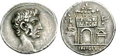 Augustus. 27 BC-AD 14. AR Denarius (3.80 g, 10h). Rome mint. L. Vinicius, moneyer. Struck 16 BC. Bare head right / [L •] VINICIVS in exergue, triumphal arch, surmounted by facing quadriga, in which Au