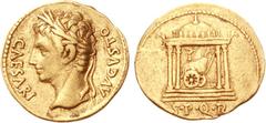 Augustus. 27 BC-AD 14. AV Aureus (7.78 g, 6h). Spanish mint - Tarraco. Struck circa 18 BC. CAESARI AVGVSTO, laureate head left / S • P • Q • R • in exergue, Temple of Mars Ultor: round-domed, tetra-st