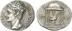 Augustus. 27 BC-AD 14. AR Denarius (3.77 g, 6h). Spanish mint - Tarraco. Struck circa 18 BC. CAESARI AVGVSTO, laureate head left / S • P Q • R across field, Temple of Mars Ultor: round-domed, tetra-st