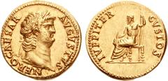 Nero. AD 54-68. AV Aureus (7.35 g, 6h). Rome mint. Struck AD 64-65. NERO CAESAR AVGVSTVS, laureate head right / IVPPITER CVSTOS, Jupiter seated left, holding thunderbolt in right hand, scepter in left