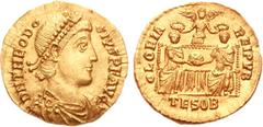 Theodosius I. AD 379-395. AV Solidus (4.43 g, 6h). Thessalonica mint. Struck AD 379. D N THEODO-SIVS P F AVG, pearl-diademed, draped, and cuirassed bust right / GLORIA REIPVB, Theodosius I and Gratian