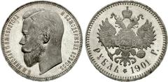 RUSSIA, Tsars of Russia. Nikolai II Aleksandrovich. 1894-1917. AR Rouble (19.98 g, 12h). Sankt-Peterburg (St. Petersburg) mint; Felix Zaleman, mintmaster. Dated 1901. Б. M. HИKOЛAЙ II ИMПEPATOPЪ И CAM