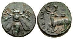 Greek IONIA, Ephesos. Circa 370-350 BC. Æ (10mm, 0.92 g, 12h). Pythes, magistrate. Bee / Stag kneeling left, head right; astragalos above, ΠYΘHΣ name to left. SNG Copenhagen –; cf. SNG von Aulock 1838