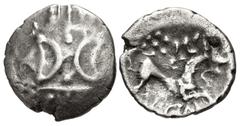 British CELTIC, Iceni. Ecen. Circa AD 25-38. AR Unit (13mm, 0.82 g). Ecen Corn Ear (Icenian H) type. Two outline crescents back-to-back, two pellets between, on a central band set on vertical wreath /