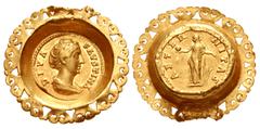 Coin Jewelry ROMAN. Imperial. Diva Faustina Senior AV Aureus bezel set in ancient gold pendant. 2nd century AD. AV Pendant (32mm, 12.46, 6h). Intact but for missing top portion. No loops for suspensio