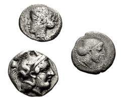 Large Lots GREEK. Magna Graecia & Sicily. Lot of three (3) silver fractions. Includes: CALABRIA, Tarentum. AR Diobol // SICILY, Syracuse. AR Litra (2). Porosity. Fine to Near VF. LOT SOLD AS IS, NO RE