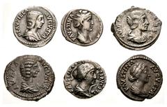 Large Lots ROMAN. Imperial. Lot of six (6) AR Denarii from Faustina Senior to Julia Maesa. Includes: Faustina Senior // Faustina Junior (2) // Julia Domna // Plautilla // Julia Maesa. Most toned. VF t