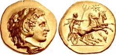 Greek CALABRIA, Tarentum. Circa 281-276 BC. AV Stater (18.5mm, 8.28 g, 5h). Youthful head of Herakles right, wearing lion skin / Taras, holding reins in right hand, trident in left, driving fast biga 