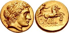 Greek KINGS of MACEDON. Philip III Arrhidaios. 323-317 BC. AV Stater (17.5mm, 8.65 g, 6h). In the types of Philip II. Kolophon mint. Struck under Menander or Kleitos, circa 322-319 BC. Head of Apollo 