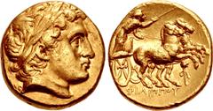Greek KINGS of MACEDON. Philip III Arrhidaios. 323-317 BC. AV Stater (17mm, 8.50 g, 12h). In the types of Philip II. Magnesia on the Maeander mint. Struck under Menander or Kleitos, circa 322-319 BC. 