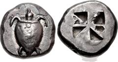 Greek ISLANDS off ATTICA, Aegina. Circa 525-480 BC. AR Stater (19mm, 12.12 g). Sea turtle, head in profile, with thin collar and row of dots down its back / Incuse square with mill-sail pattern. Meado