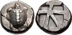 Greek ISLANDS off ATTICA, Aegina. Circa 480-457 BC. AR Stater (20mm, 12.26 g, 1h). Sea turtle, head in profile, with trefoil collar and 'T-back' design on shell / Large square incuse with skew pattern