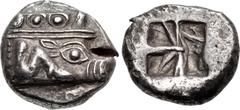 Greek LYCIA, Phaselis. Circa 530-500 BC. AR Stater (21mm, 10.95 g). Prow of galley right, terminating in a boar's forepart; [below, small dolphin right] / Incuse square with irregular lines. Heipp-Tam