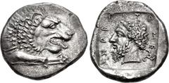 Greek DYNASTS of LYCIA. Mithrapata. Circa 390-370 BC. AR Stater (25mm, 9.73 g, 10h). Forepart of lion right / Head of Mithrapata left; MI-THRA-PATA in Lycian around, triskeles to lower right; all with