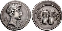 Roman Provincial LYCIAN LEAGUE. Augustus. 27 BC-AD 14. AR Drachm (20mm, 3.53 g, 12h). Masicytus mint. Struck circa 27-19/8 BC. Bare head right; Λ–Y across field / Two lyres; apluster to left, M/A to r